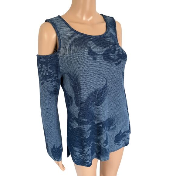 INC Y2K Style Boho Festival Floral Artsy Bell Sleeves Cold Shoulder Knit M Blue - Picture 2 of 8